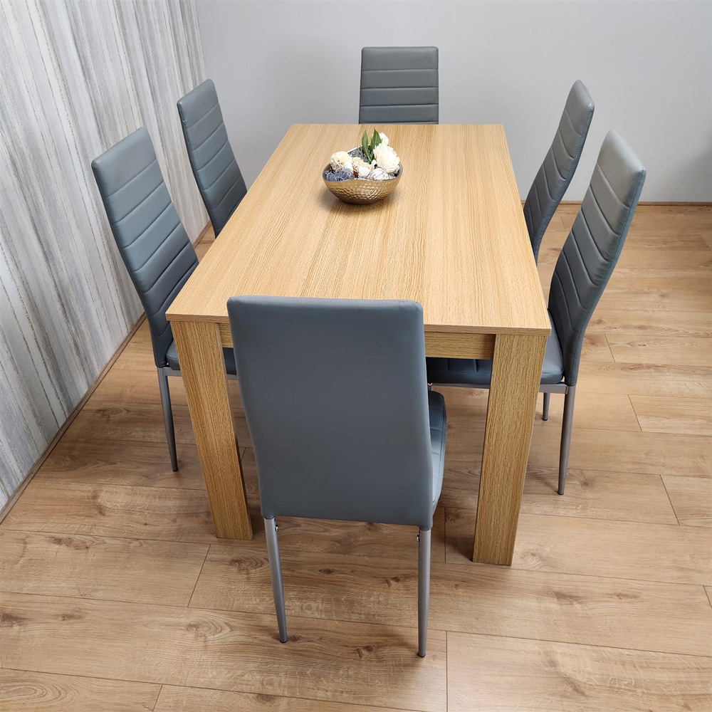 Portland 6 Seater Faux leather Dining Set Wooden Oak Effect and Grey Image 7