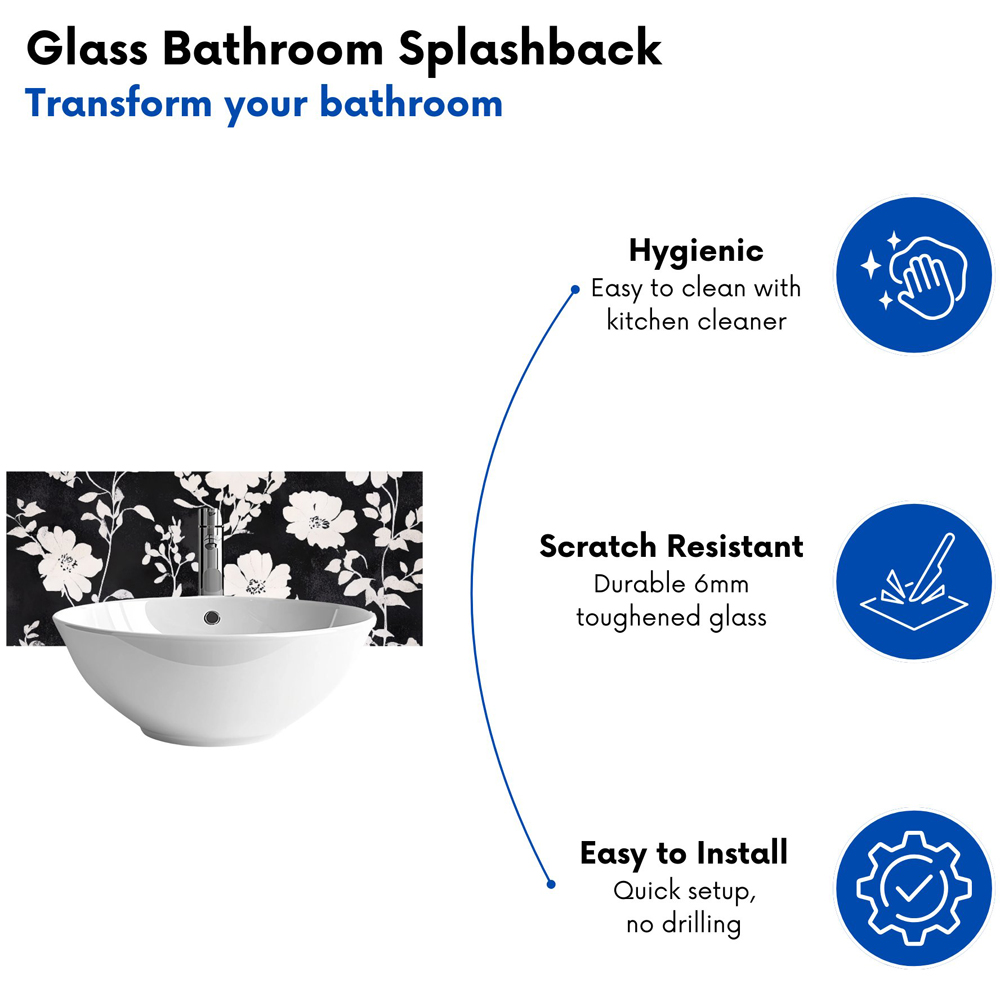 Warren Reed Designer Black and White Floral Silhouette Glass Bathroom Splashback 25 x 60cm Image 4