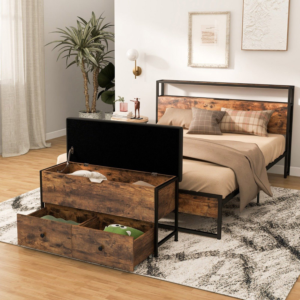 Costway 2 Drawer Rustic Brown Storage Ottoman Bench Image 5