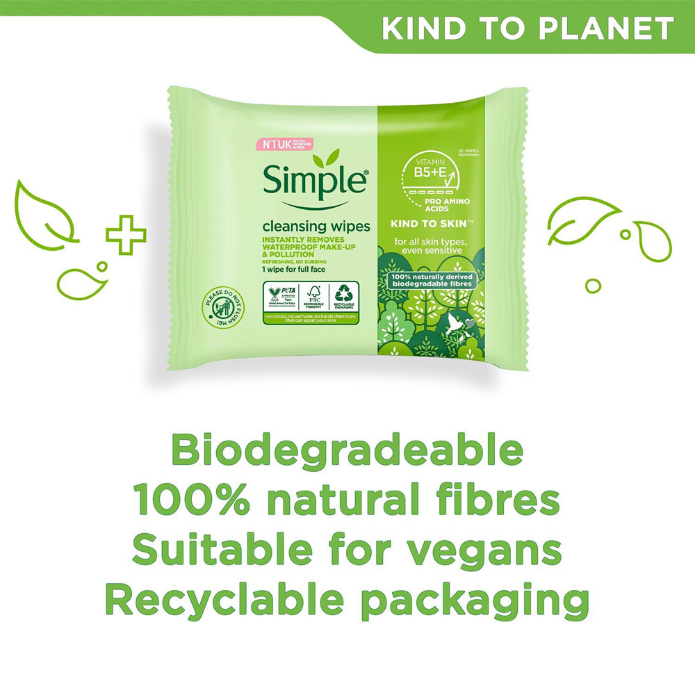 Simple Kind to Skin Double Sided Cleansing Biodegradable Facial Wipes 2 Pack Image 5