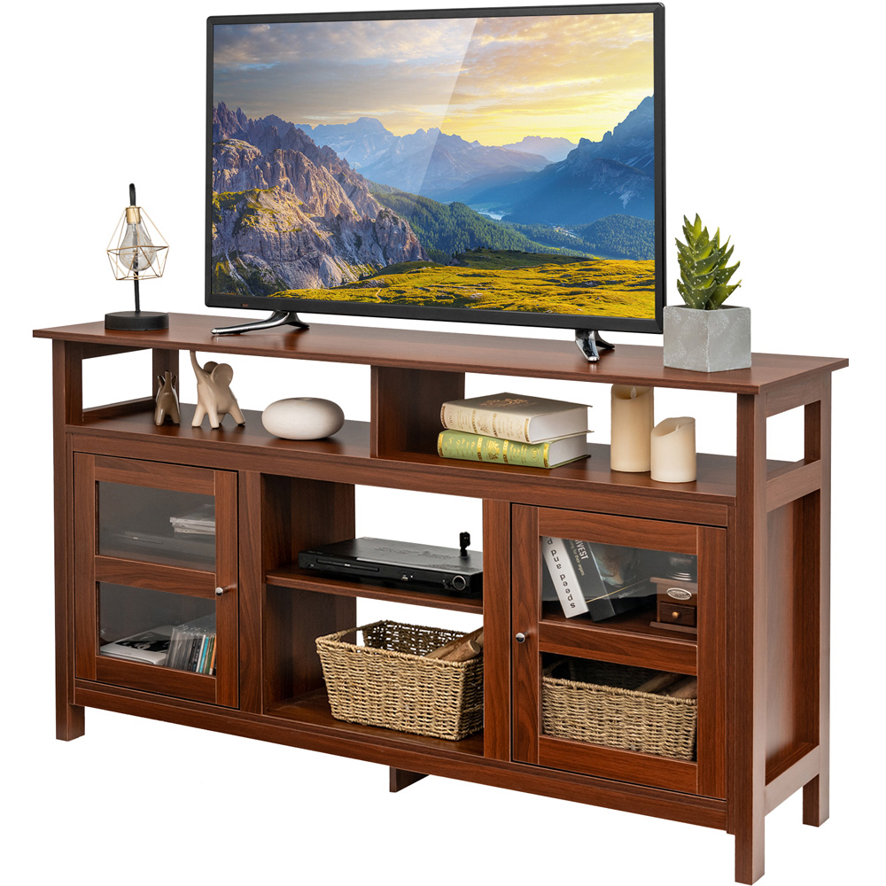 Costway 2 Door 4 Shelf Brown Wooden TV Unit Image 3