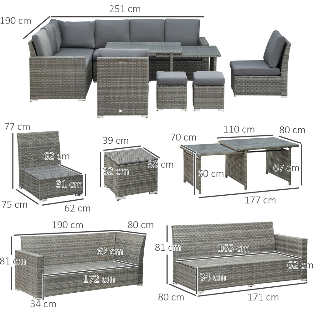 Outsunny 10 Seater Yard Grey Rattan Expandable Sofa Lounge Set Image 7