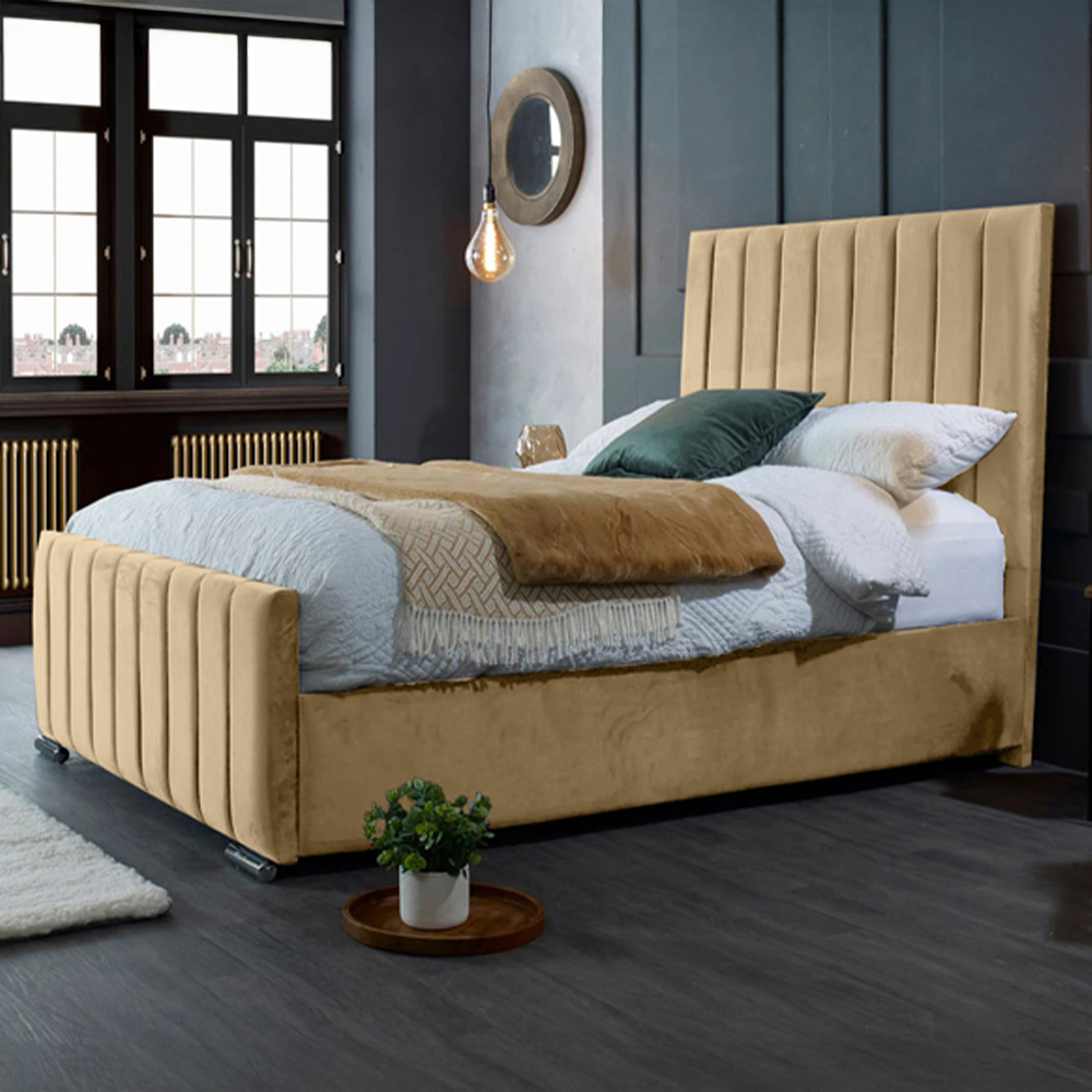 Eleganza Home Redding Double Beige Plush Velvet Bed Frame with Headboard Image 1