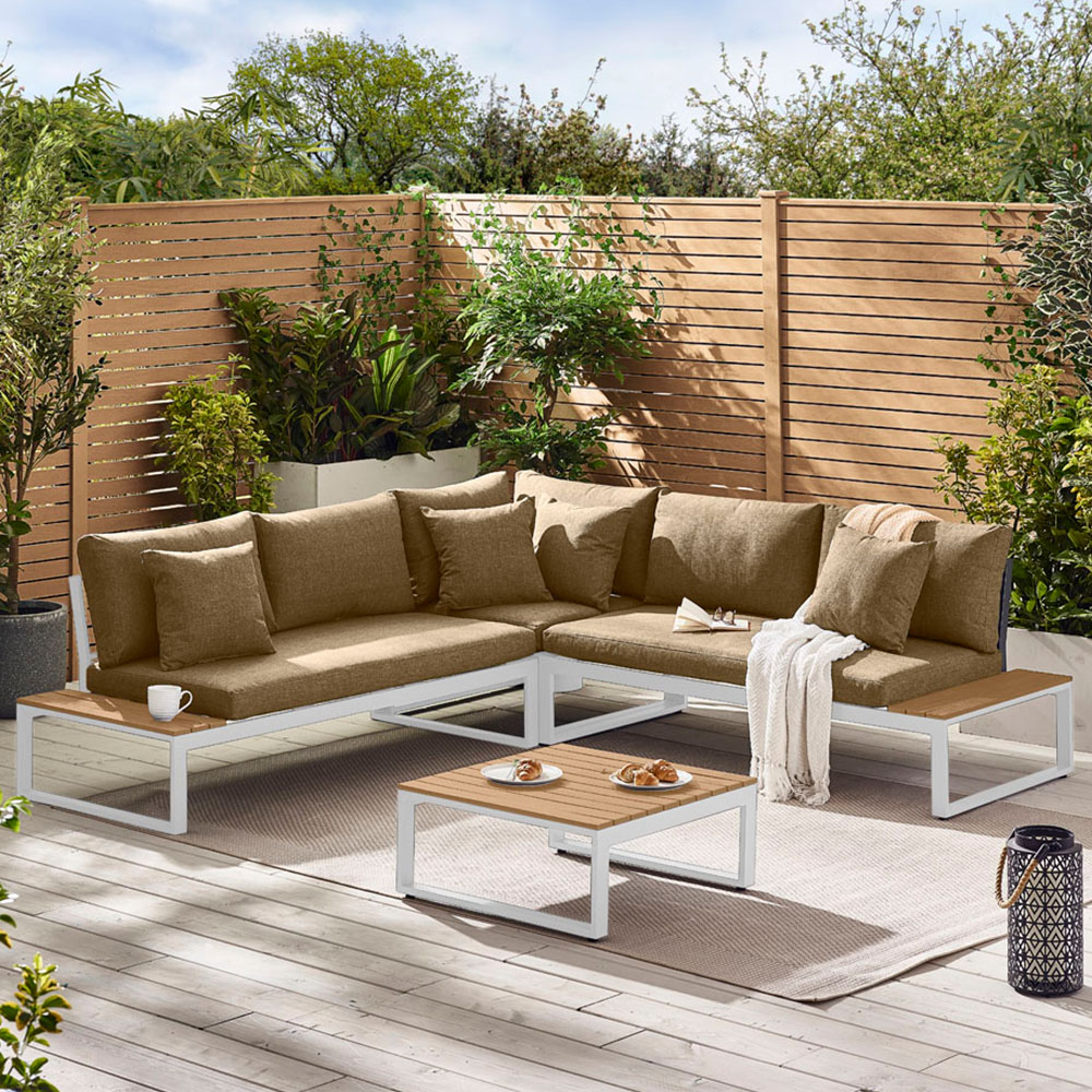 Furniturebox Bermuda Wood Effect, Olive and White Metal 6 Seater Outdoor Sofa Set Image 1