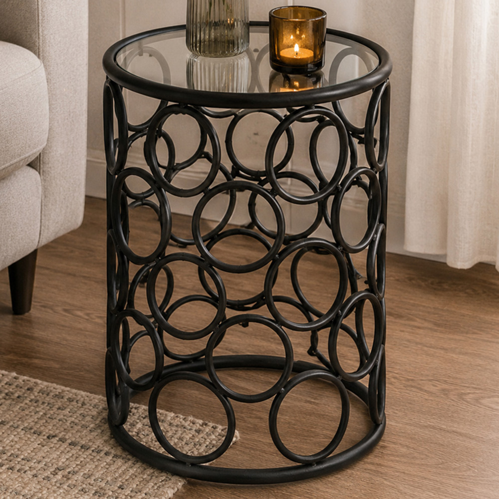 Premier Housewares Antalya Black Round Side Table with Glass Top Image 1