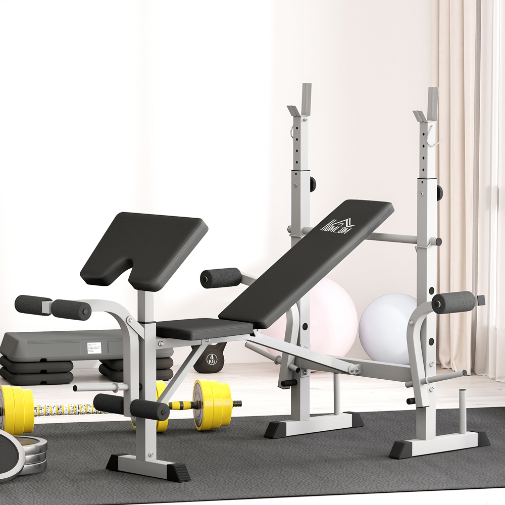 HOMCOM Grey Adjustable Weight Bench with Squat Rack Preacher Curl Pad and Leg Developer Image 2