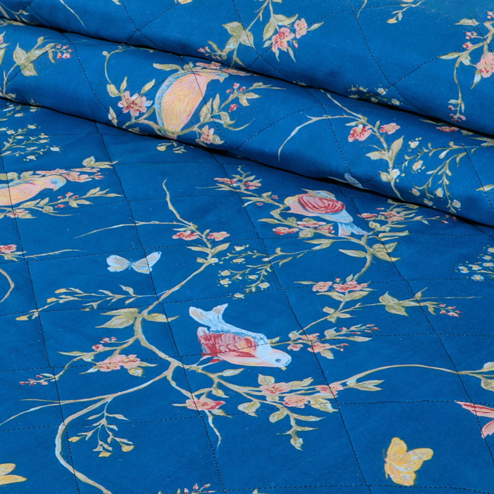 Velosso King Size Birds Floral Navy Bedspread Set Image 3