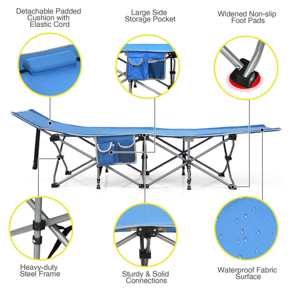 Costway Blue Folding Camping Cot with Detachable Headrest and Side Pocket Image 6