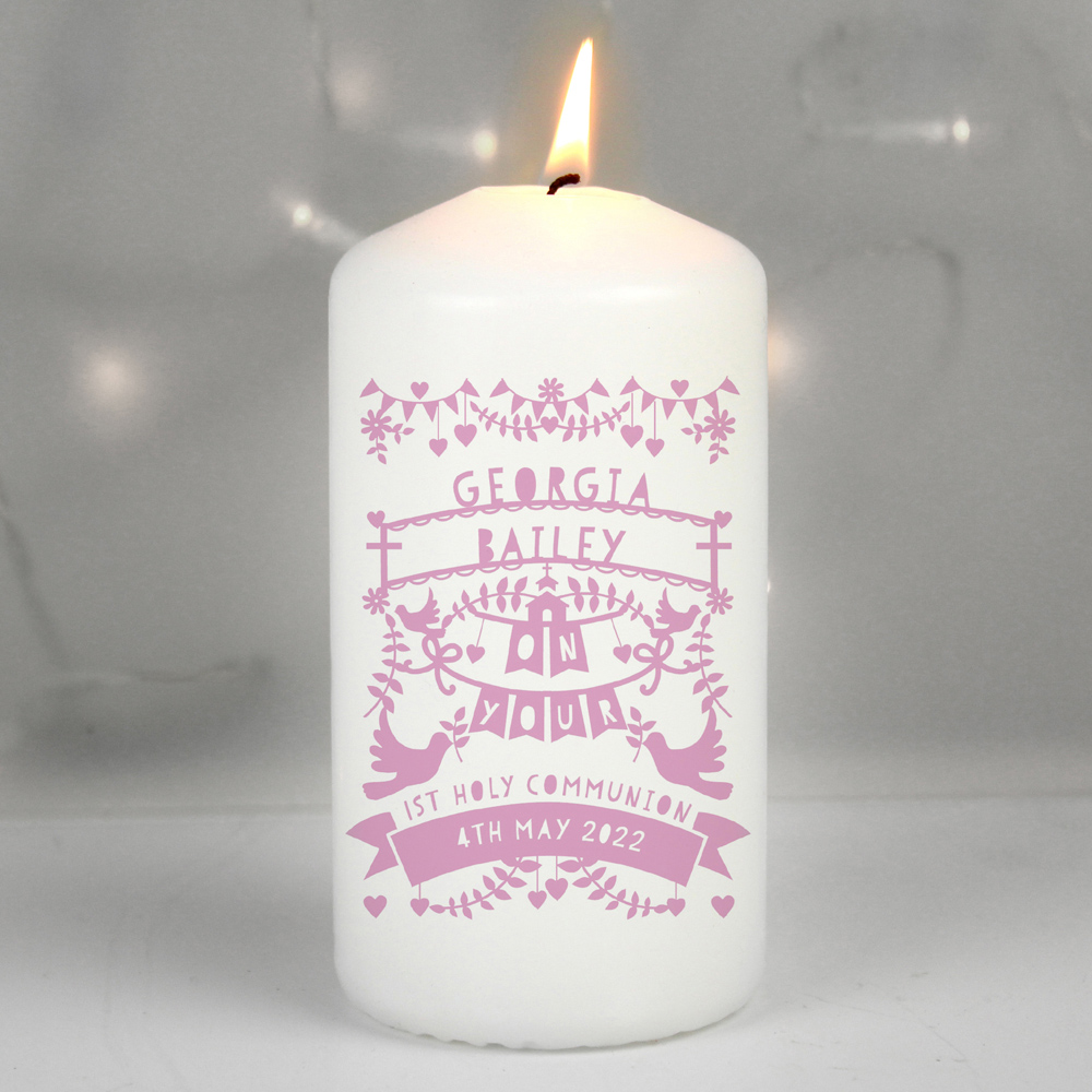 Personalised Memento Personalised Pink Papercut Style Pillar Candle Image 2
