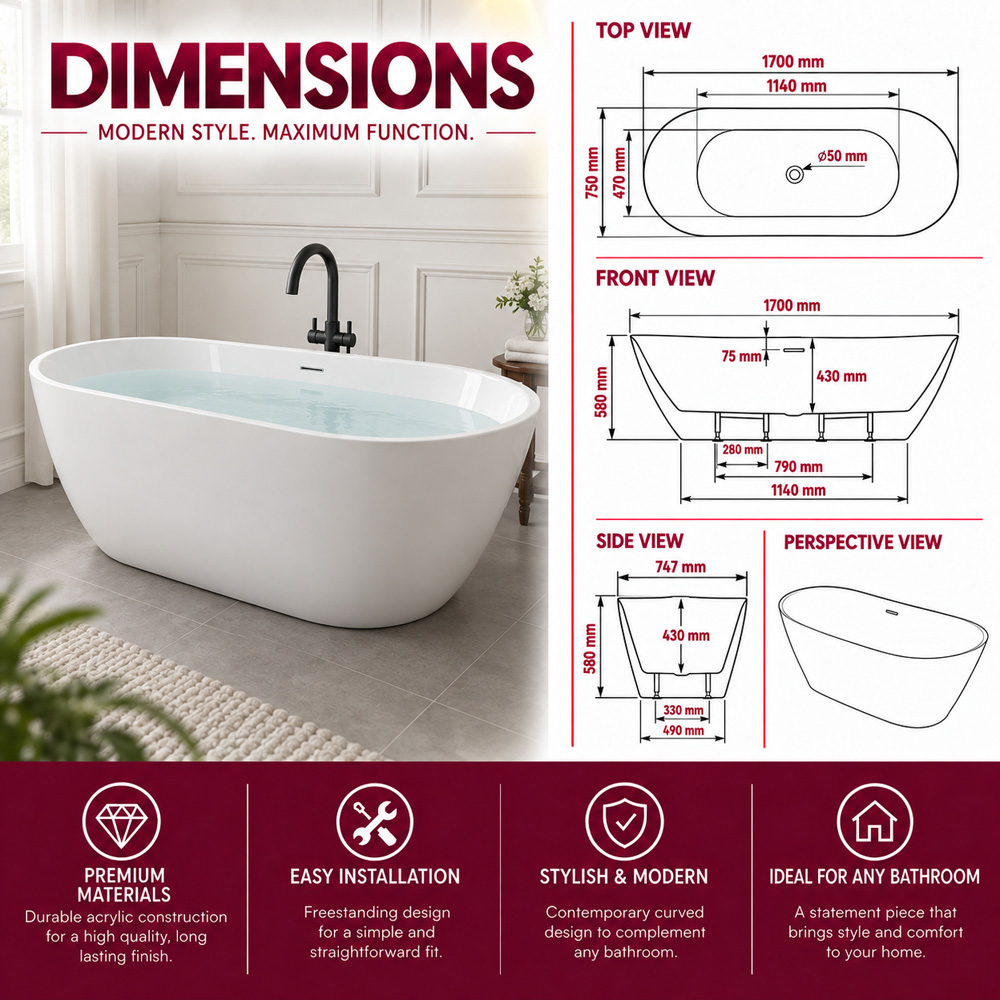 Go Bathrooms Gloss White Double Ended Round Freestanding Bath 1700 x 750mm Image 7