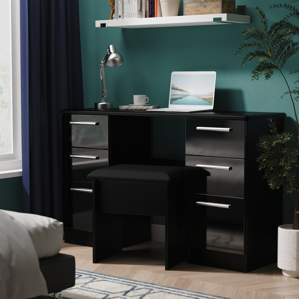 Crowndale Knightsbridge 6 Drawer Black Gloss and Black Kneehole Desk Ready Assembled Image 7