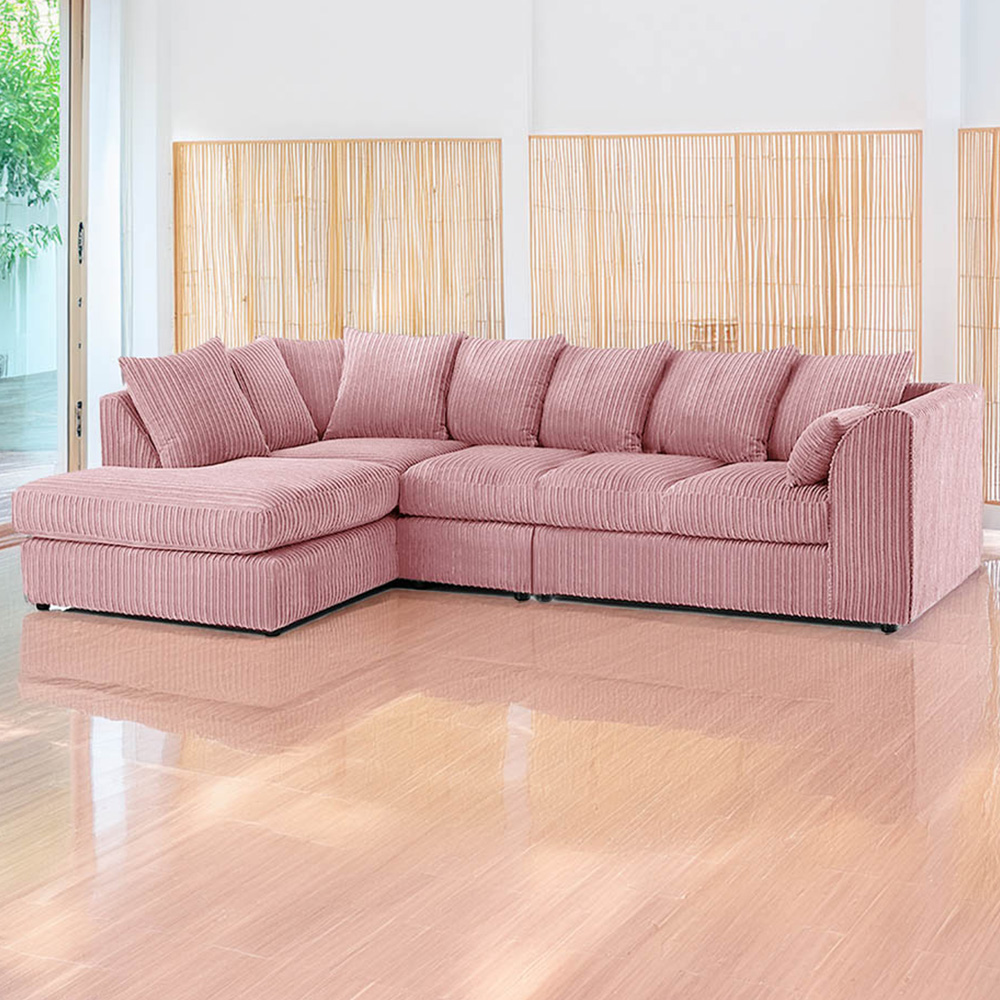 Luxor 4 Seater Pink Jumbo Cord Left Hand Facing Scatter Back L Shaped Corner Sofa Set Image 1