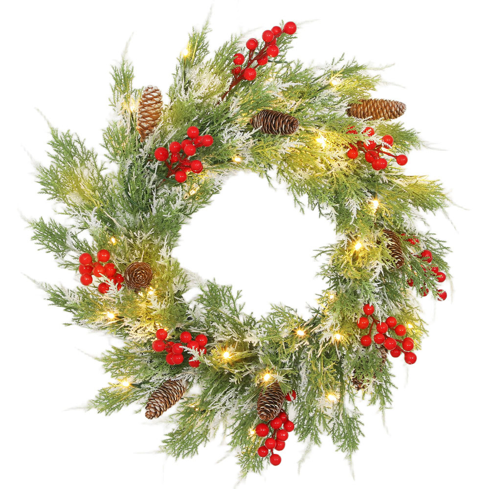 Everglow 30 Warm White LED Pre-Lit Wreath with Berries and Pinecones 60cm Image 1