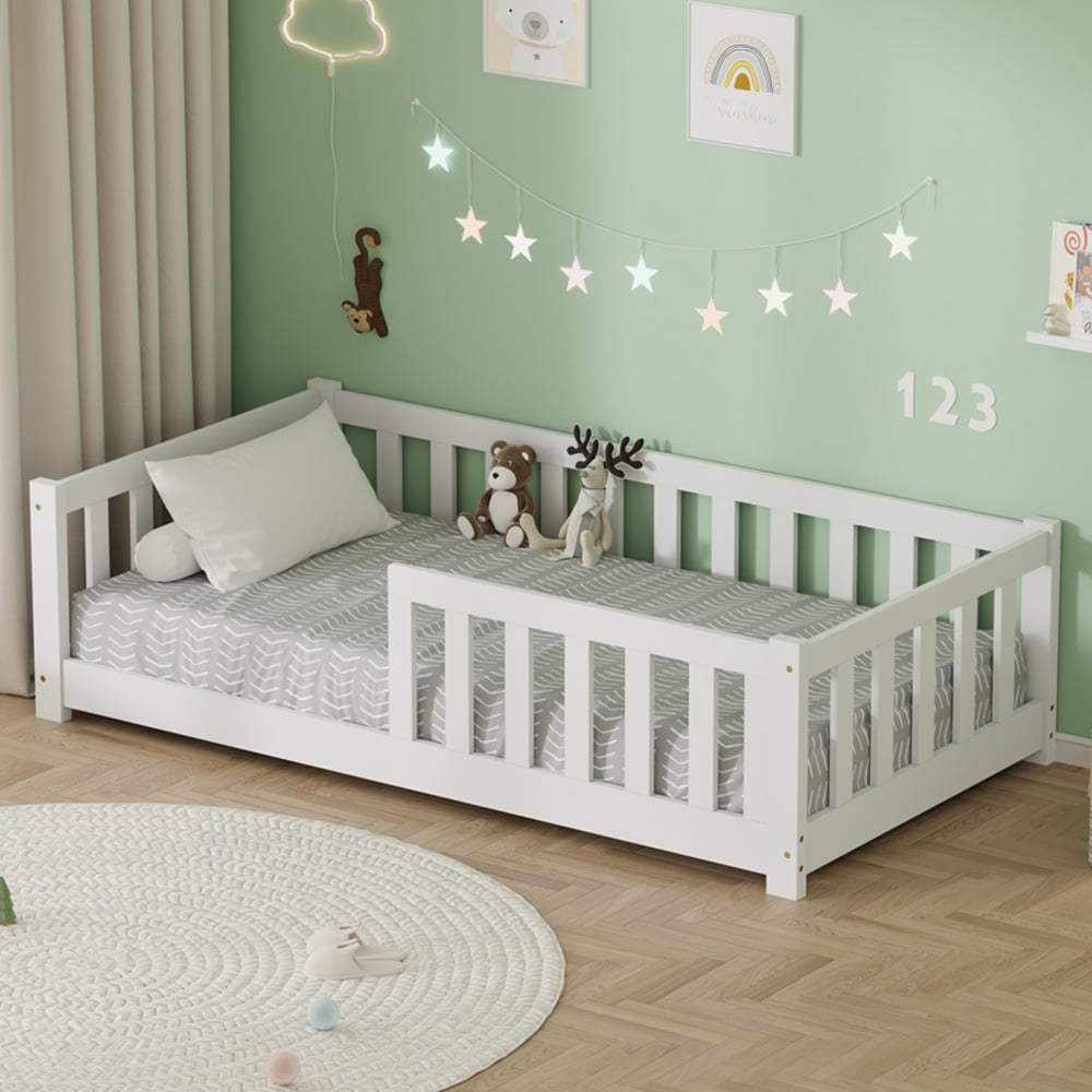 FurnitureHMD White Pine Wood Kids Bed Frame Image 1