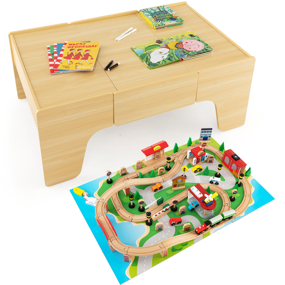 Costway Wooden Train Set with Reversible and Detachable Tabletop 84 Piece Image 3