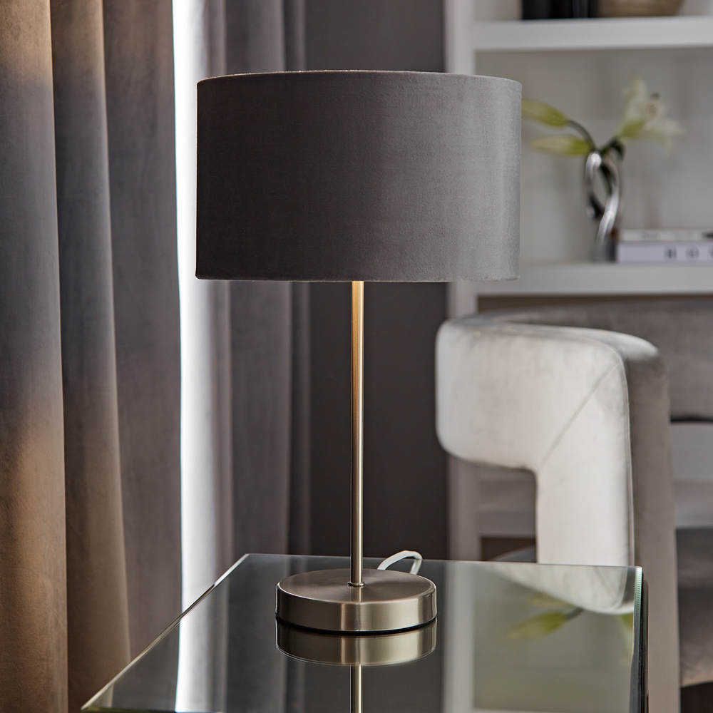 ValueLights Charlie Metallic and Grey Velvet Shade Brushed Chrome Table Lamp and Bulb Image 2