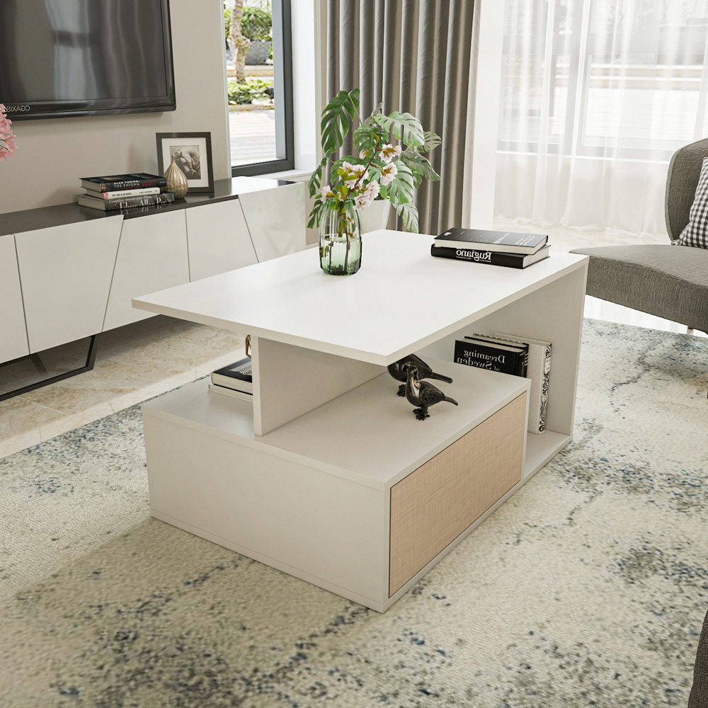 Decorotika Mana White and Beige Coffee Table with Shelf and Cabinet Image 3