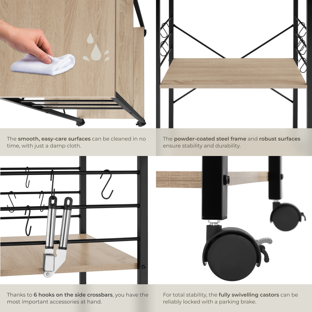 Tectake Rugby 3 Shelf Oak Sonoma Drinks Trolley with Hooks Image 6