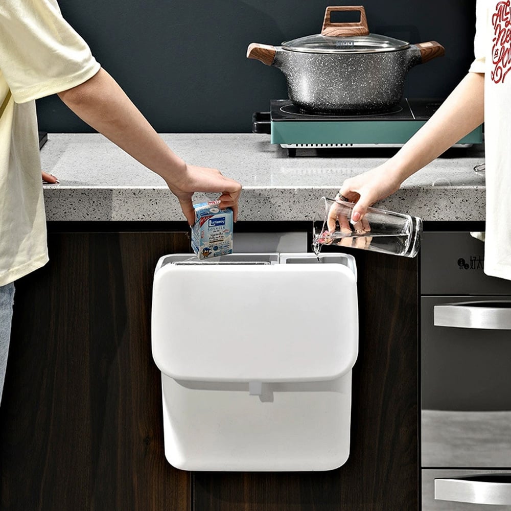 Living and Home White Wall Mounted Kitchen Trash Bin with Lid Image 7