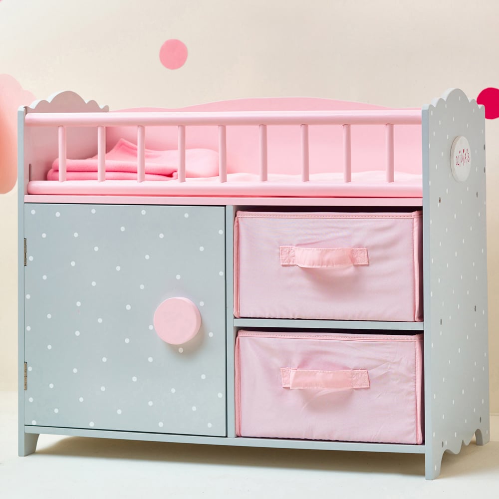 Teamson Kids Olivia's Little World Pink and Grey Polka Dots Baby Doll Crib with Cabinet and Cubby Image 2