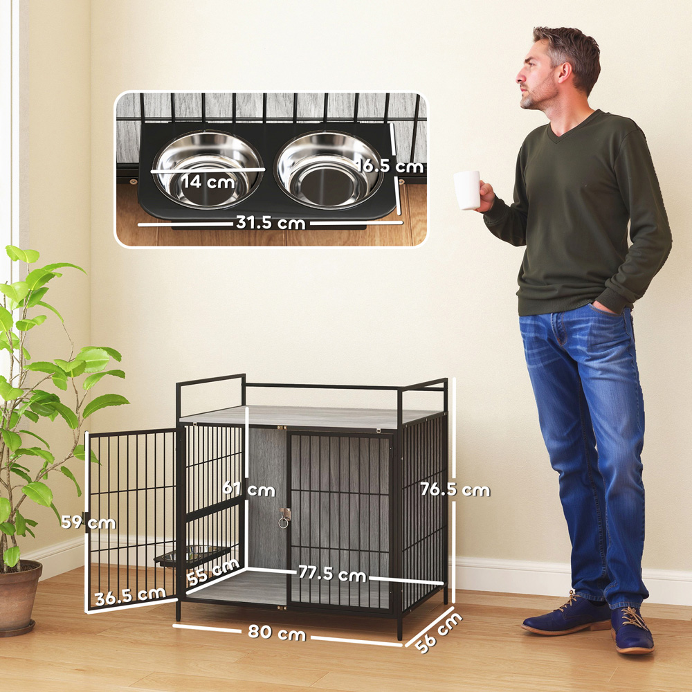 PawHut Grey Medium Dog Crate Furniture with Rotating Bowl Holder Image 9