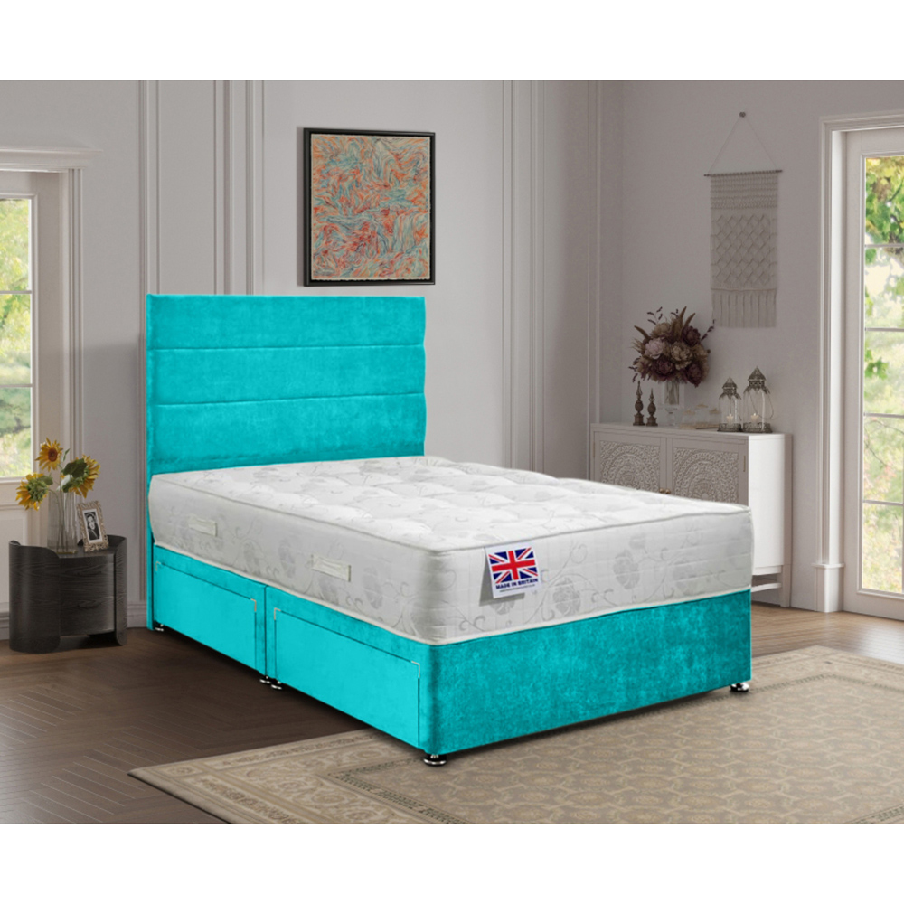 Eleganza Home Repose Double Teal Plush Velvet 2 Drawer Divan Bed with Lined Headboard Image 2