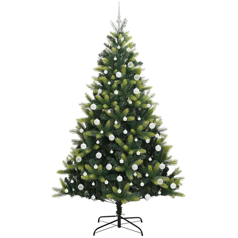 vidaXL Pre-Lit White Baubles Green Artificial Hinged Christmas Tree 7ft Image 4