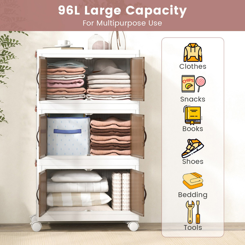 Costway 97L White Stackable Storage Bin with Wheels Set of 3 Image 5