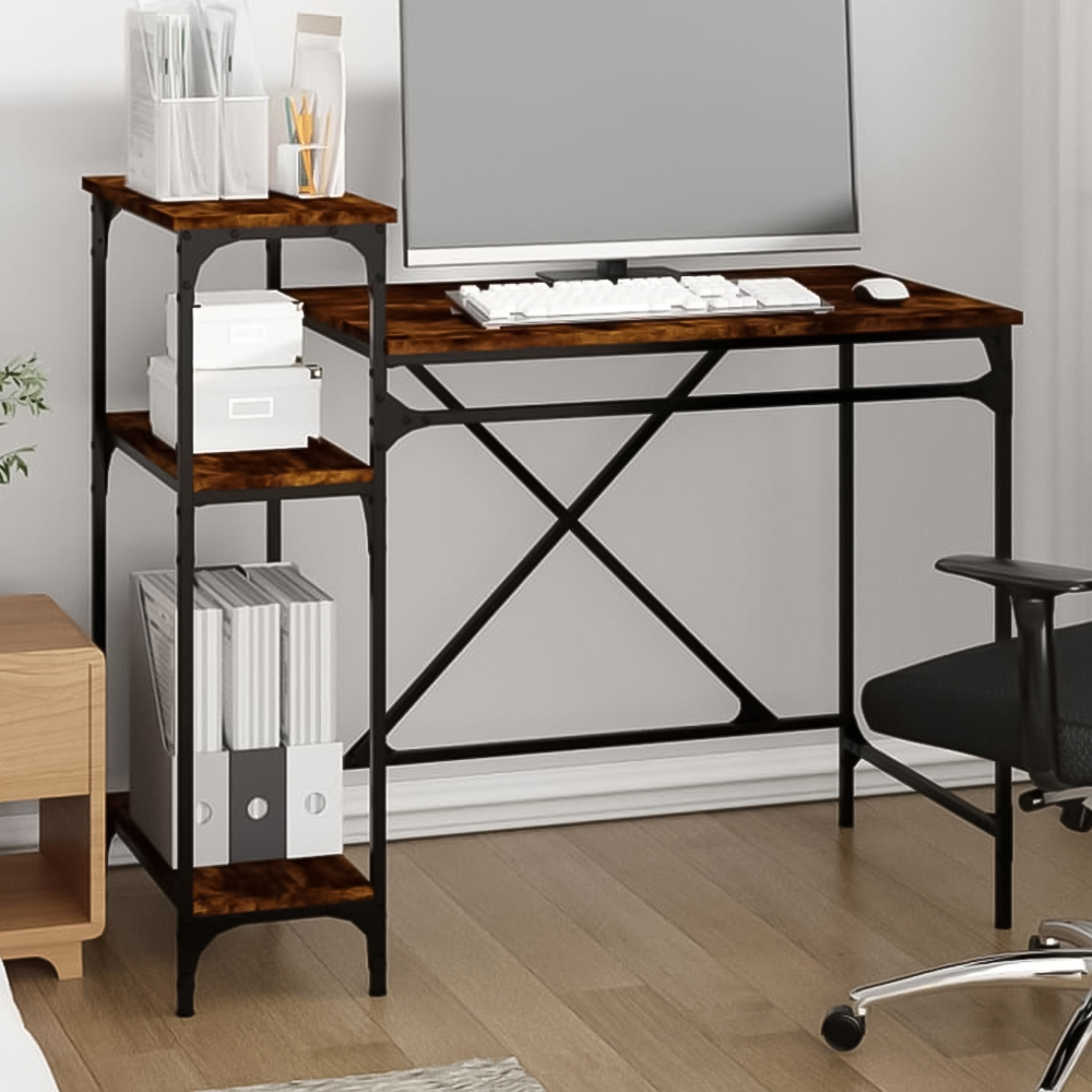 vidaXL 3 Shelf Industrial Style Computer Desk Brown Image 1