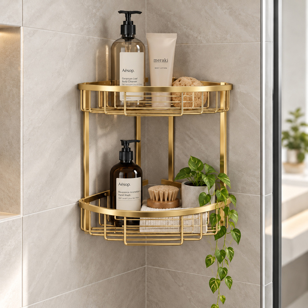 Go Bathrooms Brushed Gold Double Wall Mounted Corner Shower Basket Image 2