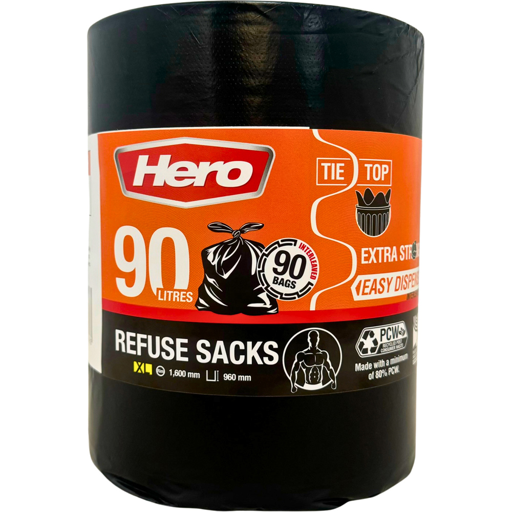 Hero Extra Strong Bin Bags Refuse Sacks with Tie Top Black 90L 270 Pack Image 2