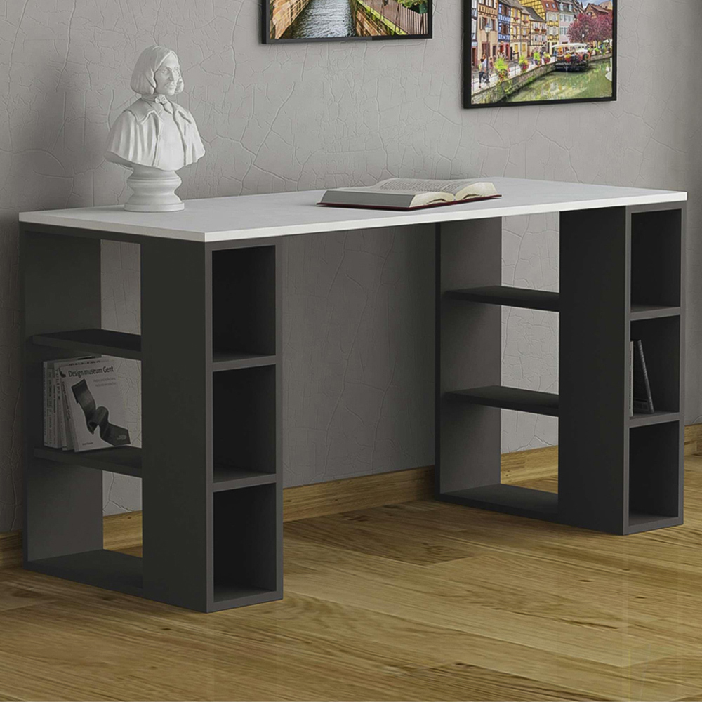 Decortie Colmar 6 Shelf Modern Desk with Bookcase White and Anthracite Image 1
