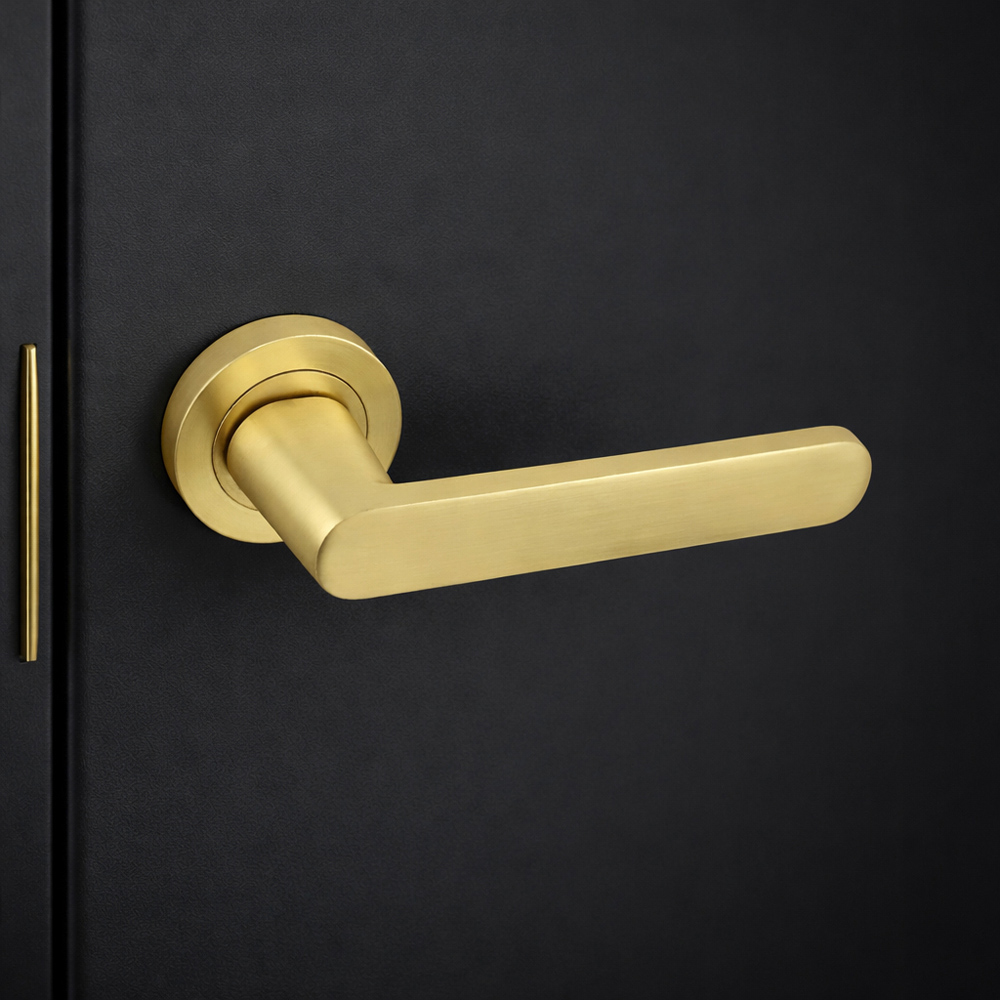AXS Hardware Harlem Satin Brass Door Handles on Rose 2 Pack Image 2
