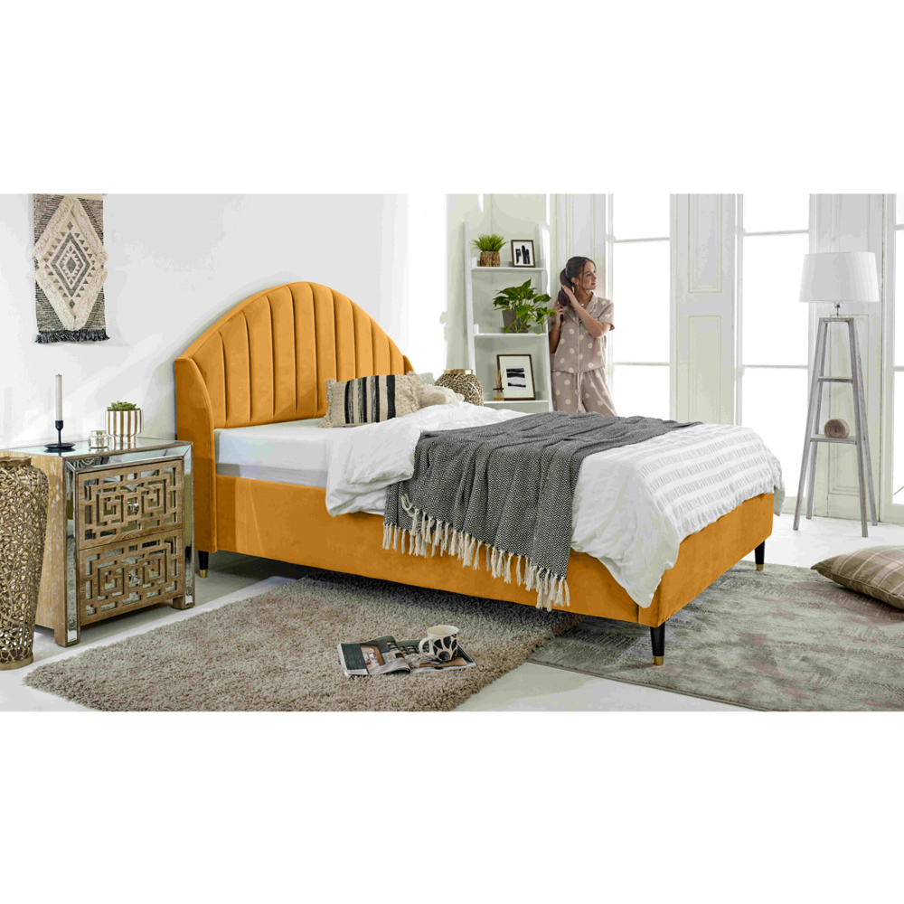 Eleganza Elysium Single Mustard Plush Velvet Bed Frame with Curved Winged Headboard Image 4