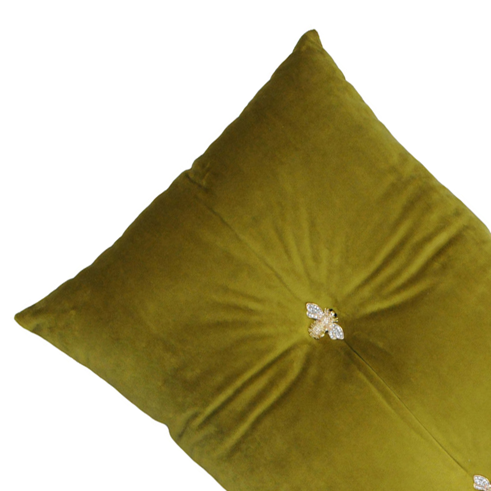 Paoletti Bumble Bee Olive Velvet Cushion Image 2