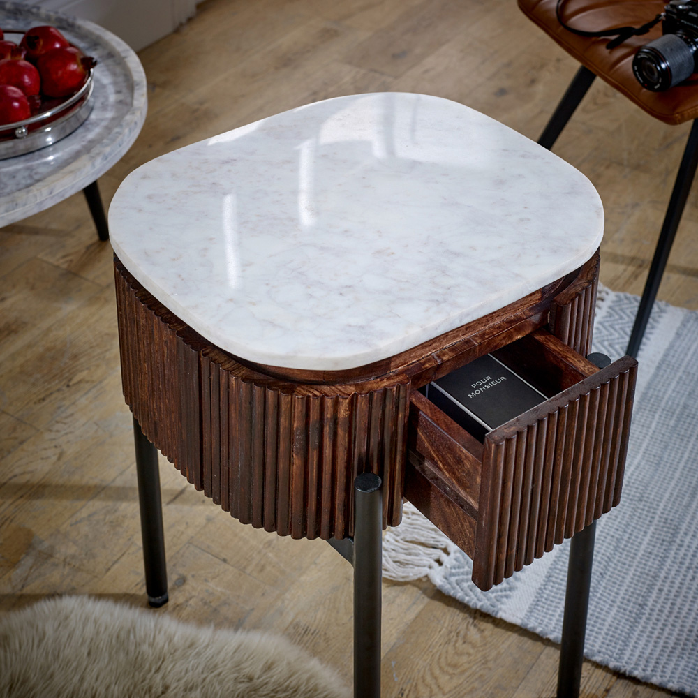 Brooklyn Opal Single Drawer Marble Top Mango Wood Bedside Table Image 3