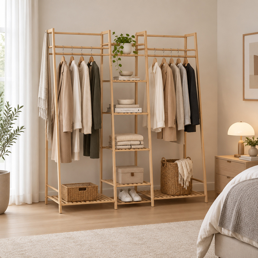 Modcraft 7 Shelf Natural Heavy Duty Bamboo Clothes Rail Rack Image 3