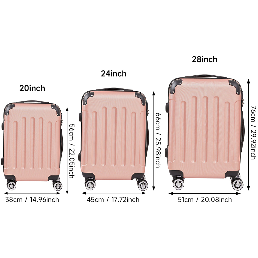 H&O Direct Set of 3 Rose Gold Stripe ABS Hardshell Suitcase Set Image 7