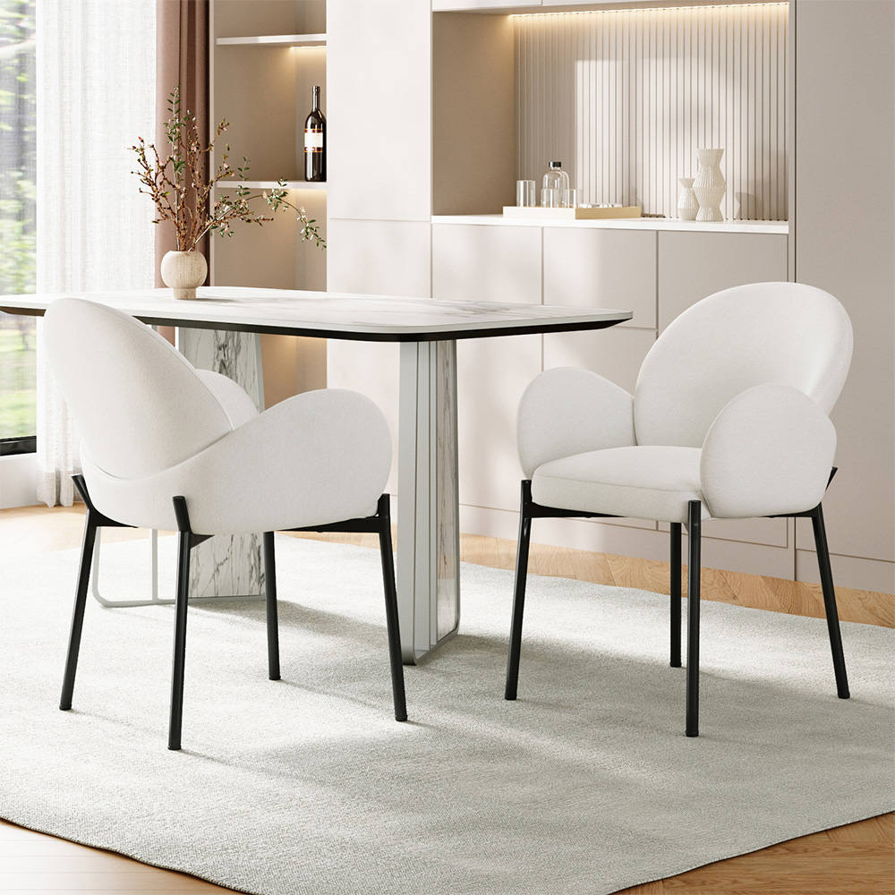 Living and Home Set of 2 White Upholstered Teddy Fleece Dining Chair with Armrests Image 7