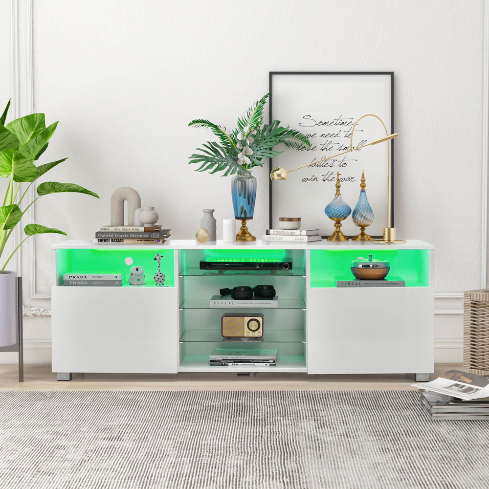Costway 2 Door 6 Shelf White TV Unit with LED Image 3