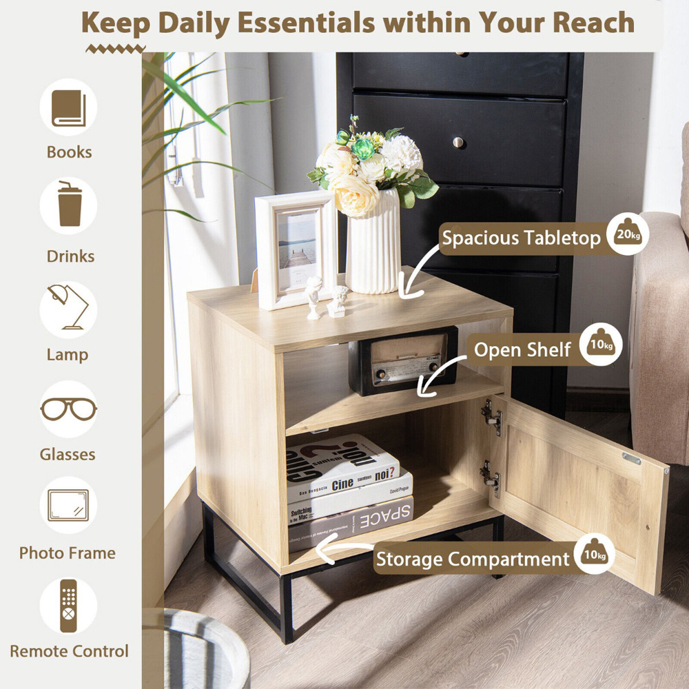 Costway Single Door Single Shelf Natural Rattan Modern Wooden Bedside Table Image 7