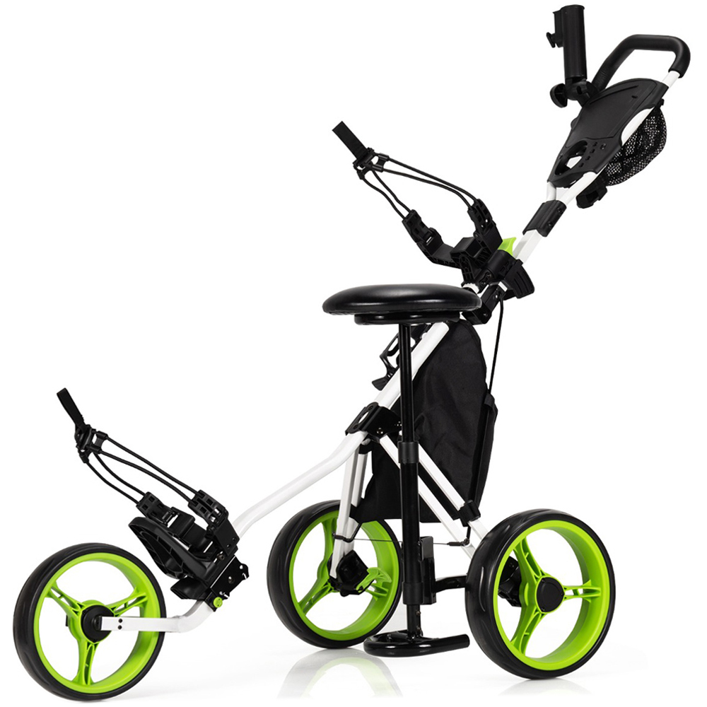 Costway Green Golf Push Pull Cart with Storage Bag and Foot Brake Image