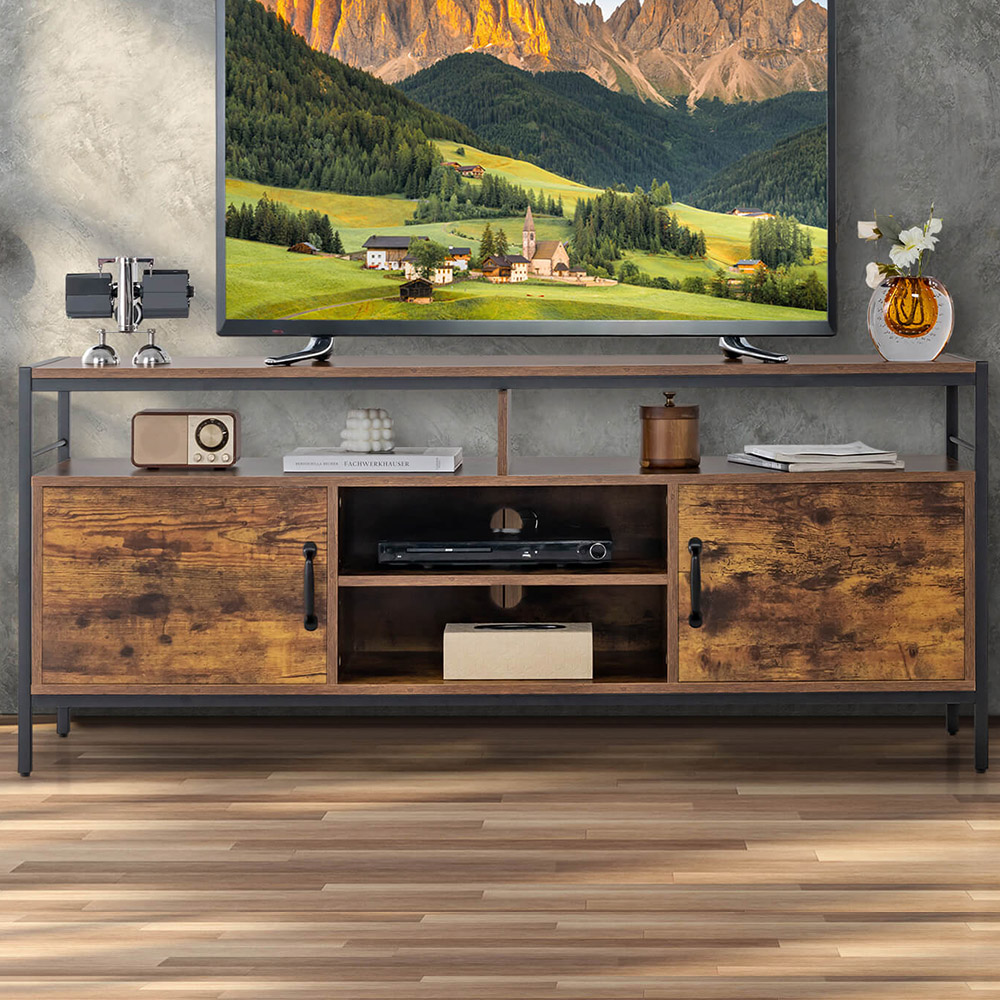 Costway 2 Door 4 Shelf Rustic Brown TV Unit Image 1