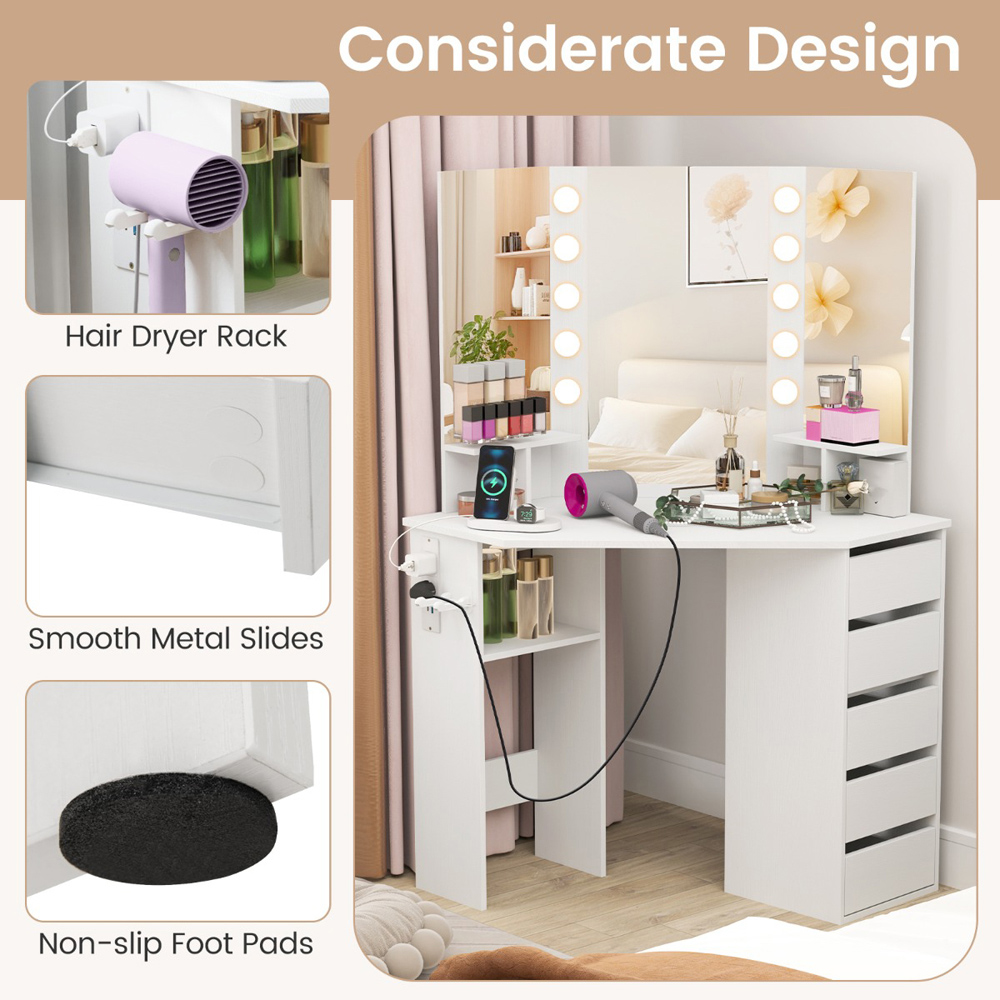 Costway White Vanity Desk with Lighted Mirror and Power Outlet Image 7