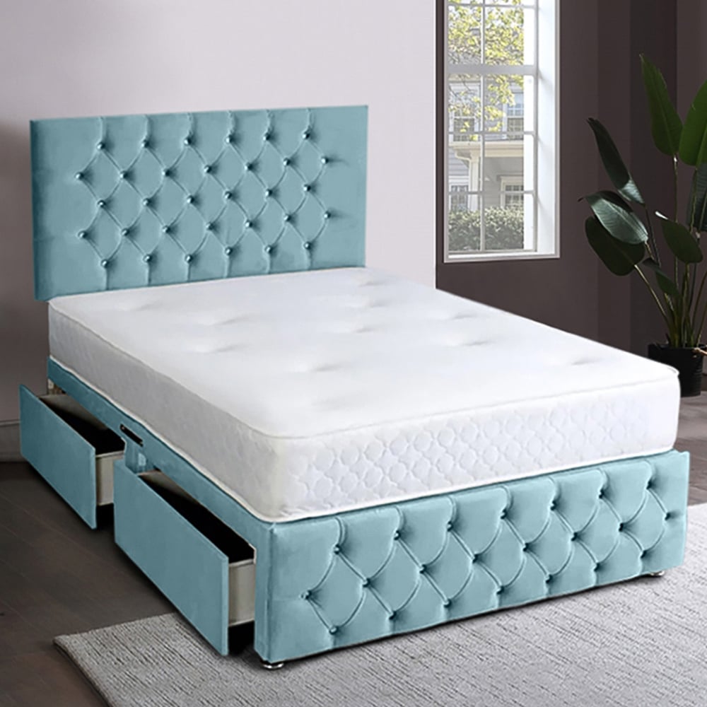 Eleganza Home Serenova Single Duck Egg Plush Velvet 2 Drawer Divan Bed with Headboard Image 1