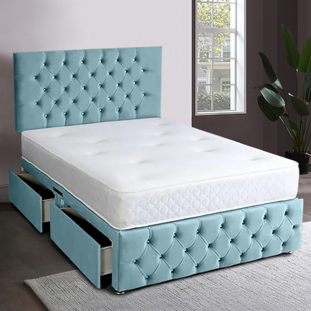 Eleganza Home Serenova Double Duck Egg Plush Velvet 2 Drawer Divan Bed with Headboard Image 1