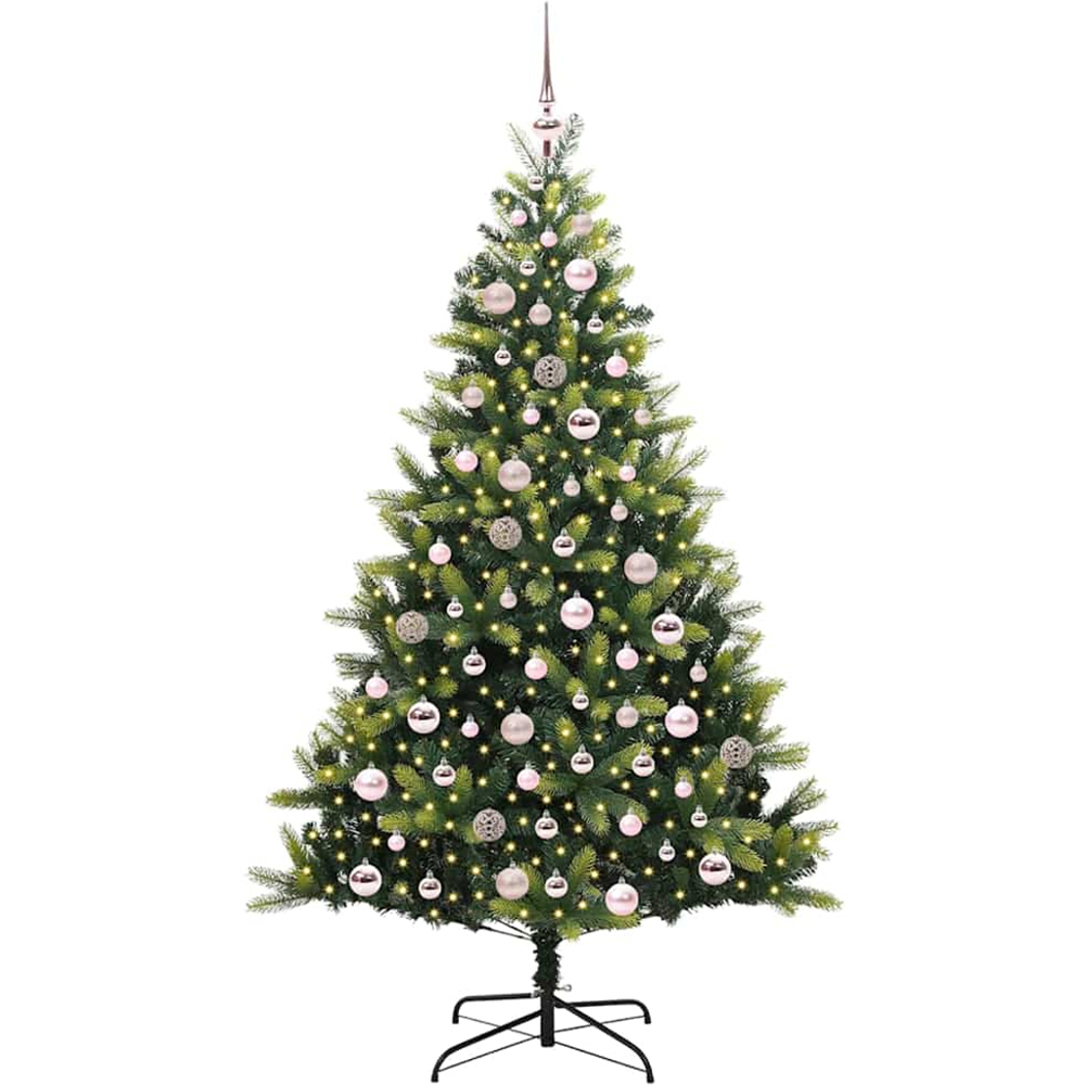 vidaXL Pre-Lit Pink Baubles Green Artificial Hinged Christmas Tree 6ft Image 1