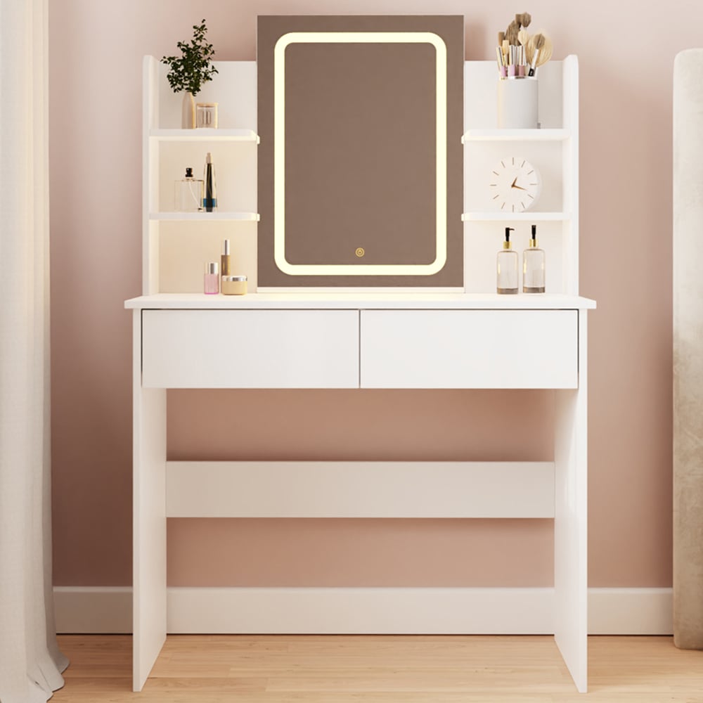 GFW Sadie 2 Drawer 4 Shelf White Dressing Table with LED Mirror Image 1
