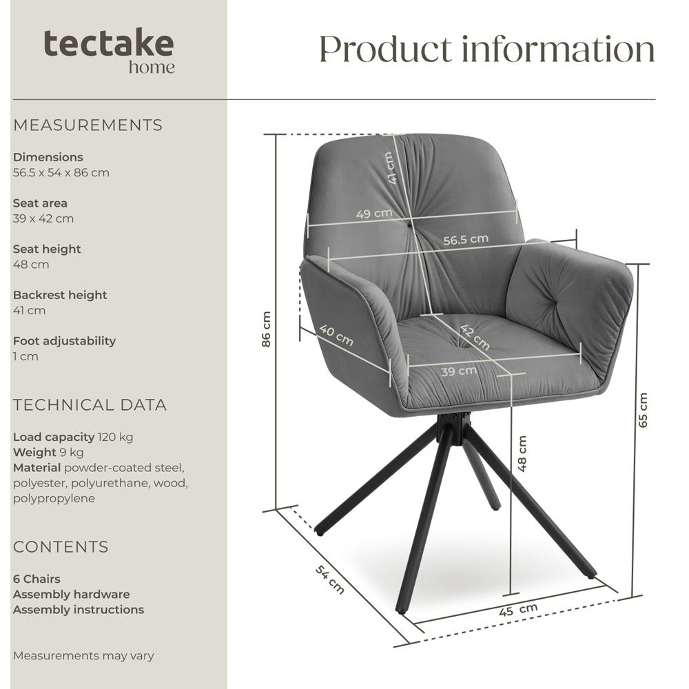 tectake Lenia Set of 6 Anthracite and Black Velvet Swivel Chair Image 9