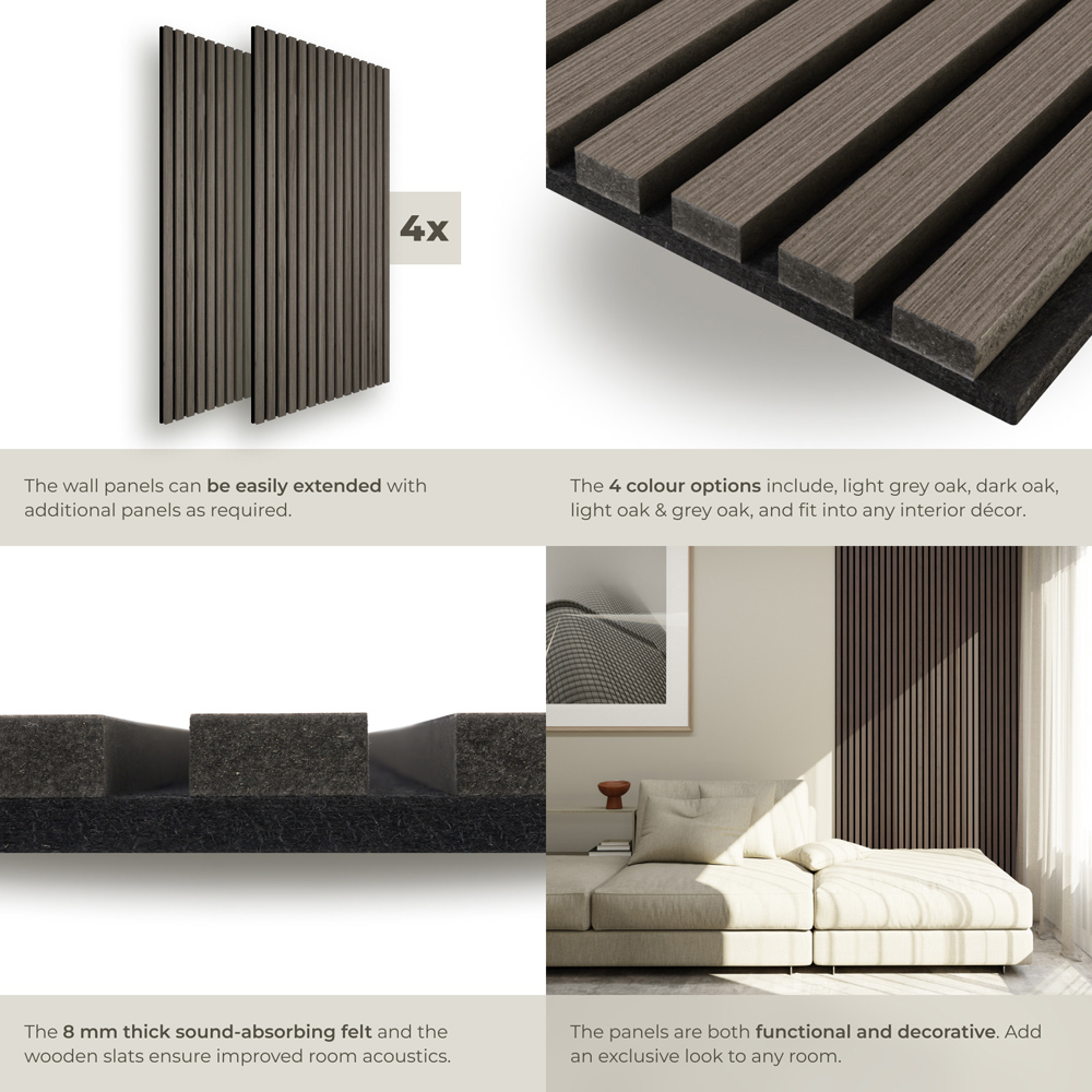 tectake Oak Grey Wood Effect Acoustic Wall Panel 4 Pack Image 4